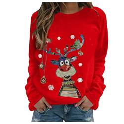 Pullover Damen Weihnachtspullover Große Größen Winter Langarm Rundhals Sweatshirt mit Weihnachtsmotiv Rentier Drucken Weihnachtspulli Lose Bluse Oberteil für Weihnachten Party, Rot6 von Generic