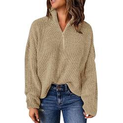 Pullover für Frauen Kint Langarm 1/4 Reißverschluss Pullover Rollkragenpullover für Frauen Baumwollpullover Damen (Beige, XL) von Generic