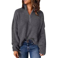 Pullover für Frauen Kint Langarm 1/4 Reißverschluss Pullover Rollkragenpullover für Frauen Baumwollpullover Damen (Grey, L) von Generic