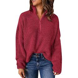 Pullover für Frauen Kint Langarm 1/4 Reißverschluss Pullover Rollkragenpullover für Frauen Baumwollpullover Damen (Red, M) von Generic