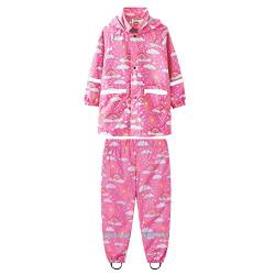 Regenanzug Regenlatzhose Kinder Jungen Mädchen Outfits Kinder Langarm Hoodie Dinosaurier Regenbogen Bedruckte Regenjacke für Regenhose Regenbekleidung Regenbundhose für Jungen Set (Hot Pink, 4 Year) von Generic