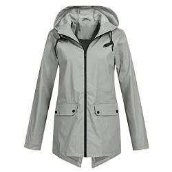 Regenjacke Damen Leicht Lang Regenmantel Winterjacke Windbreaker Funktionsjacke Oberteil Atmungsaktiv mit Kapuze Thermo Outdoorjacke für Frühling Sommer und Herbst (Grey, L) von Generic