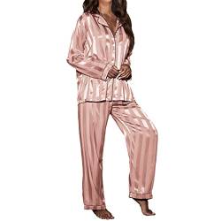 Revers-Pyjama-Set für Damen, Satin, gestreift, lange Ärmel, Seide, Pyjama, Damen, niedlich, gemütlich, Pyjama, Sommer-Pyjama-Set, Baumwolle, bequeme Nachtwäsche, niedliche Lounge-Sets für Frauen, von Generic