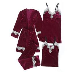 Satin Pyjama 4-teiliges Damen Nachtwäsche Winter Nachtwäsche Baumwolle Unterkleid Spaghetti Full Slip Seiden Nachtkleid Negligee Robe Frauen Nachthemden Schlupfkasack Babydoll Nachtwäsche Sleepwear von Generic