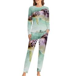 Schildkröte Braun Damen Schlafanzug Lange Pyjama Set Zweiteiliger Nachtwäsche Langarm Hausanzug Sleepwear von Generic
