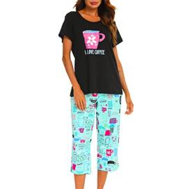 Schlafanzug Damen Kurz-Kurzarm-Top und 3/4 Lange Hose Pyjama(Groß,Schwarze Tasse) von Generic