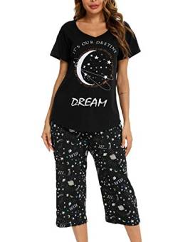 Schlafanzug Damen Kurz-Kurzarm-Top und 3/4 Lange Hose Pyjama(Mittel,schwarzer Stern) von Generic