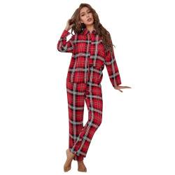 Schlafanzug Damen Lang Baumwolle Warm Kariert Rot Pyjama Set Langarm Sleepwear Pyjama Anzug mit Knopfleiste Zweiteiliger Nachtwäsche Damen Pjs Sets Lang Loungewear Hausanzug Frühling Herbst Winter von Generic