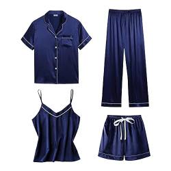 Schlafanzug Damen Zweiteiliger Pyjama Sets Damen-Homewear-Set, modischer Sling-Pyjama, dünnes vierteiliges Set (Navy, L) von Generic