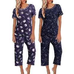 Schlafanzug Teenager Mädchen Kurz 2er-Pack: Damen-Pyjamas, kurzärmelige Nachtwäsche, Oberteile und Capri-Hosen, Bedruckte Pyjama-Sets mit Taschen, Pyjama-Anzug Winterschlafanzug (Navy, XL) von Generic