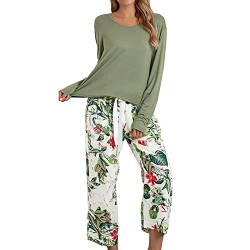 Schlafanzug für Damen UK Langarm Damen Casual Pyjama Sets Langarm Tops und lange Hosen Druck Nachtwäsche Zweiteiliges Set, grün, 38 von Generic