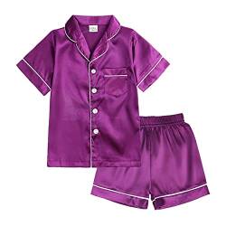 Schlafanzug für kleine Babys, Mädchen, Jungen, Satin, Seide, Kinder, Kurze Ärmel, Nachtwäsche, Pyjamas, 2-teilig, mit Knöpfen, Klassische Loungewear-Shorts Baby-Pyjama-Set (Purple, 10-11 Years) von Generic