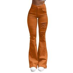 Schlagjeans Jeanshosen Damen Stretch Skinny Schlaghose Flared Hose Vintage Einfarbig High Waist Denim Flare Jeans Schlaghosen Retro Stil Jeans Hose Slim Fit Denim Pants(E Orange,M) von Generic