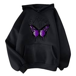 Schmetterling Hoodie Damen Herbst Kapuzenpullover Schwarz Langarm Pullover Sweatshirt mit Kapuze Kordelzug Winter Casual Pulli Sweatjacke Oberteile Langarmshirt Klamotten Teenager Mädchen (Black, M) von Generic