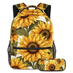 Schöne Sonnenblumen entfesseln Kreativität, Rucksack mit Federmäppchen für Jungen, Mädchen, Teenager, 2-teiliges Schulranzen-Set für Kinder, Mehrfarbig Nr. 01, B：29.4x20x40cm P：19x7.5x3.8cm, von Generic