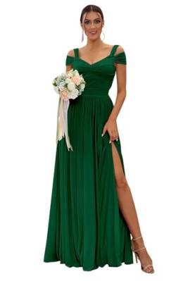 Schulterfreie Brautjungfernkleider für Damen 2024 V-Ausschnitt A-Linie Chiffon Langes Kleid Abendkleider mit Schlitz Emerald Green XXS von Generic