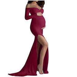 Schulterfreies langes sexy Schlitz-Requisiten für Damen, Umstandskleid, Schwangerschaftskleid, Fotografie, V-Ausschnitt, Umstandskleid, figurbetontes Kleid, rot, Large von Generic