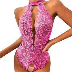 Sexy Damen Damen Spitze V-Ausschnitt Bodysuit Unterwäsche Tanga mit Strumpfband Dessous Set Spitze Strumpfband Strumpf Set (03D-Hot Pink, L) von Generic