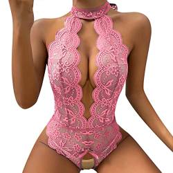 Sexy Damen Damen Spitze V-Ausschnitt Bodysuit Unterwäsche Tanga mit Strumpfband Dessous Set Spitze Strumpfband Strumpf Set (03D-Pink, XXXXXL) von Generic