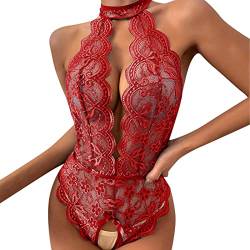 Sexy Damen Damen Spitze V-Ausschnitt Bodysuit Unterwäsche Tanga mit Strumpfband Dessous Set Spitze Strumpfband Strumpf Set (03D-Rot, M) von Generic