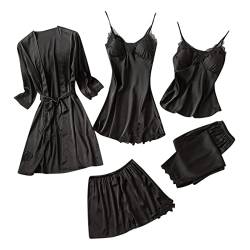 Sexy Dessous Damen für Sex, Damen Pyjama Set 5 Stück Set Blumen Spitze Satin Nachthemd Lange Hosen und Shorts Schlafanzug Spitze Nachtwäsche Sexy Seiden Nachtkleid Negligee Robe von Generic