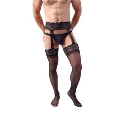 Sexy Herren Spitze Oberschenkel Hohe Strapse über Knie Lange Strumpfhosen Strumpfhosen Strümpfe Sissy mit Strumpfgürtel, Schwarz, Einheitsgr��e von Generic