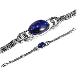 Silberarmband, A925-Sterlingsilber, Retro-Ethno-Stil, blauer Korund-Markasit, Thai-Silber, ovales Armband für Damen von Generic