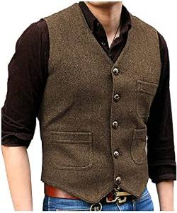 Slim Fit Anzugweste, Herren V Hals Wolle Fischgramm Tweed Casual Weste Business Anzug Weste (Farbe : Braun, Größe : 5XL) von Generic