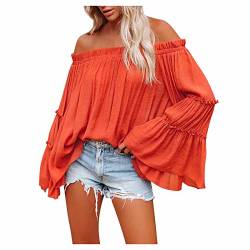 Sommer Damen V-Ausschnitt Einfarbig Schulterfrei Bluse Tunika Langarm Trompetenärmel Longshirt Basic Lose Oberteile Pullover Tops T-Shirts Boho Strand Oberteil Regular Fit Casual Blusen von Generic