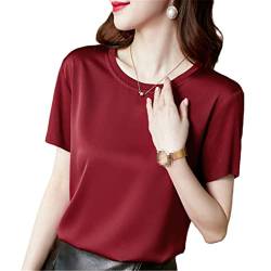 Sommer koreanische Seide T-Shirts für Frauen, Frauen Vintage Satin Tops, Kurzarm Loose Office Lady Shirts, rot, M von Generic