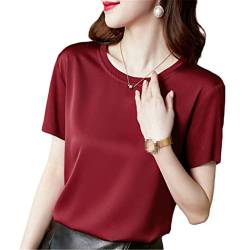 Sommer koreanische Seide T-Shirts für Frauen, Frauen Vintage Satin Tops, Kurzarm Loose Office Lady Shirts, rot, X-Large von Generic