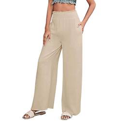 Sommerhose Damen Leicht Leinenhose Damen Lang Weites Bein High Waist Sommerhose Elegant Stretch Bequem Stoff Leinen Hose Leicht Luftig Strandhose Locker Schlupfhose Stoffhose (X1-Beige, L) von Generic