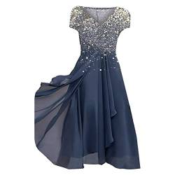 Sommerkleid Damen Lang Abendkleid Kleid Damen Elegant Große Größen Ballkleid V-Ausschnitt Maxi Länge Pailletten Kurzarm für Hochzeit Brautjungfernkleider Cocktailkleid Freizeitkleid (1-Blue, XXL) von Generic