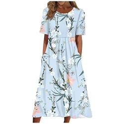 Sommerkleid Damen Lang Leicht Luftig Plisseekleid Strandkleid Damen Kurzarm V Ausschnitt A-Linie Kleid Damen Sommer Blumen Muster Maxikleid Damen Wadenlang Locker Damenkleider mit Taschen von Generic