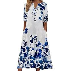 Sommerkleid Damen Lang - MaxiKleid Damen Kurzarm -Kleid Damen Sommer V Ausschnitt Knopfleiste Blumen Strandkleid Midi Langes Festliche Kleider Elegant Flowy Partykleid mit Taschen Abendkleid von Generic