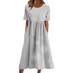 Sommerkleid Damen Leinen Kleider O-Ausschnitt Baumwollkleid Maxikleid Tunika Einfarbig Leinenkleid Knielanges Freizeitkleider A-Linien Sommerkleid Elegant Freizeitkleid Sommerkleid Damen von Generic