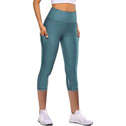 Sport Leggings Damen Tasche Capri 3/4 High Waist Elastische Blickdicht Übergröße Sport Leggins mit Seitentaschen für Yoga Freizeit (02 Blau, L) von Generic