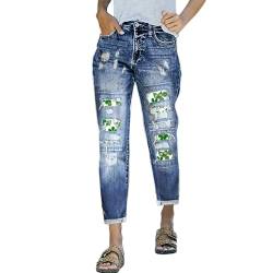 St Patricks Day Damen Leggings, Jeans Damen Bedruckte Perforierte Hose Mit Taschen Hosen Kleeblattdruck Lang Gerade Hose Sporthose Casual Sommer Jeanshose Knöpfe Jeanshosen Outdoor Hose von Generic