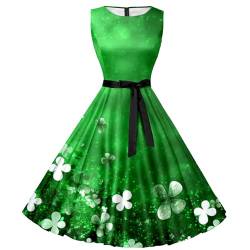 St. Patricks Day Kostüm Damen, Damen Kleid Ärmelloses Abendkleid Kleeblatt Drucken Swing A-Linie Kleider Retro Cocktailkleid Damen Elegant Hepburn-Stil Partykleid Grün St. Patricks Day Kleid von Generic