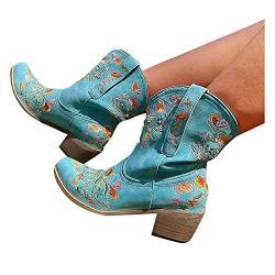 Stiefel Damen, Stiefel Stiefeletten mit Absatz Blockabsatz Retro Cowboystiefel Plateau Blumen Stickerei Winterstiefel Elegant Ankle Boots Kurz Stiefel Winterschuhe Damenstiefel von Generic