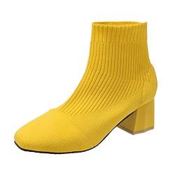 Stiefeletten Damen Boots Damen in Keilabsatz Wasserdichte Bequeme Kurzestiefel Eckige Zehenkappe Freizeit Stöckelschuhe Weiche Sohle Klobige Ferse Strickstiefel Damen (Yellow, 37) von Generic