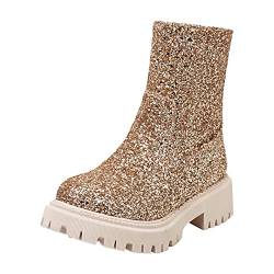 Stiefeletten Damen Niedrigem Absatz Schuhe England-Stil Dicker Boden Bequeme Freizeitstiefel Runde Zehenkappe Kunstleder Schneestiefel Boots Damen mit Pailletten (Gold, 39) von Generic