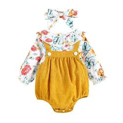 Strampler bedruckter Säuglingskinderanzug Zwei gefälschter Mädchen-Body+Stirnband Baby-Outfits & Set Weiche Haarbänder (Yellow, 0-3 Months) von Generic