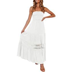 Strandkleid Damen Sommer - Bandeau Kleid Lang Schulterfreies Sommerkleid Sexy Trägerlos Off Shoulder Rückenfrei Spitzenbesatz Maxikleid Swing A Line Langes Kleider Boho Kleid Partykleid von Generic