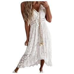 Strandkleid Damen Sommerkleid V Ausschnitt Floral Spitze Quasten Spaghetti Trägerkleid Freizeitkleider Hi-Low Party Boho Beach Maxi Dress Weiß von Generic