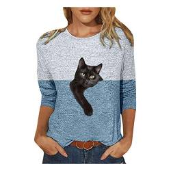 T Shirt Damen 3/4 Arm Pullover mit Lustige 3D Katze Motiv Elegant Große Größen T Shirt Langarm Sweatshirt Lockere Lässiges Langarmshirts für Frauen Oberteile Tunika Top Bluse Sportshirt Tee von Generic