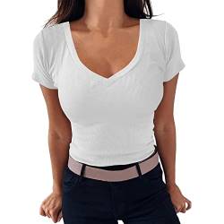 T-Shirt Damen V-Ausschnitt - Enge Oberteile Damen Kurzarm Gerippte Basic Shirt Slim Fit Strick Oberteil Tunika Top Bluse Kurzarmshirt Tee Activewear-Shirts & Blusen für Teenager Mädchen Klamotten von Generic