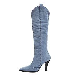 TEELONG Damen-Cowboy-Stiefel, hoch, dünn, modisch, Stiefel, Zehenbereich, spitz, Absatz, Stiefel, Denim, dicke Damenstiefel, blau, 38 EU von Generic