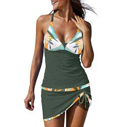 Tankini Damen Bauchweg Bedruckter Bademode Zweiteiler Badeanzug Push Up Swimsuit Beachwear Tankini Set mit Hot Pants Bikini Sportlich mit Rock 2-teilige Badebekleidung (1-Green, XL) von Generic