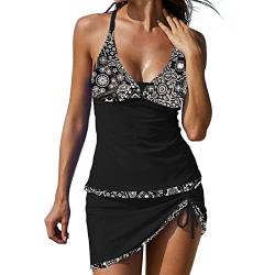 Tankini Damen Bauchweg Bedruckter Bademode Zweiteiler Badeanzug Push Up Swimsuit Beachwear Tankini Set mit Hot Pants Bikini Sportlich mit Rock 2-teilige Badebekleidung (Black-B, L) von Generic